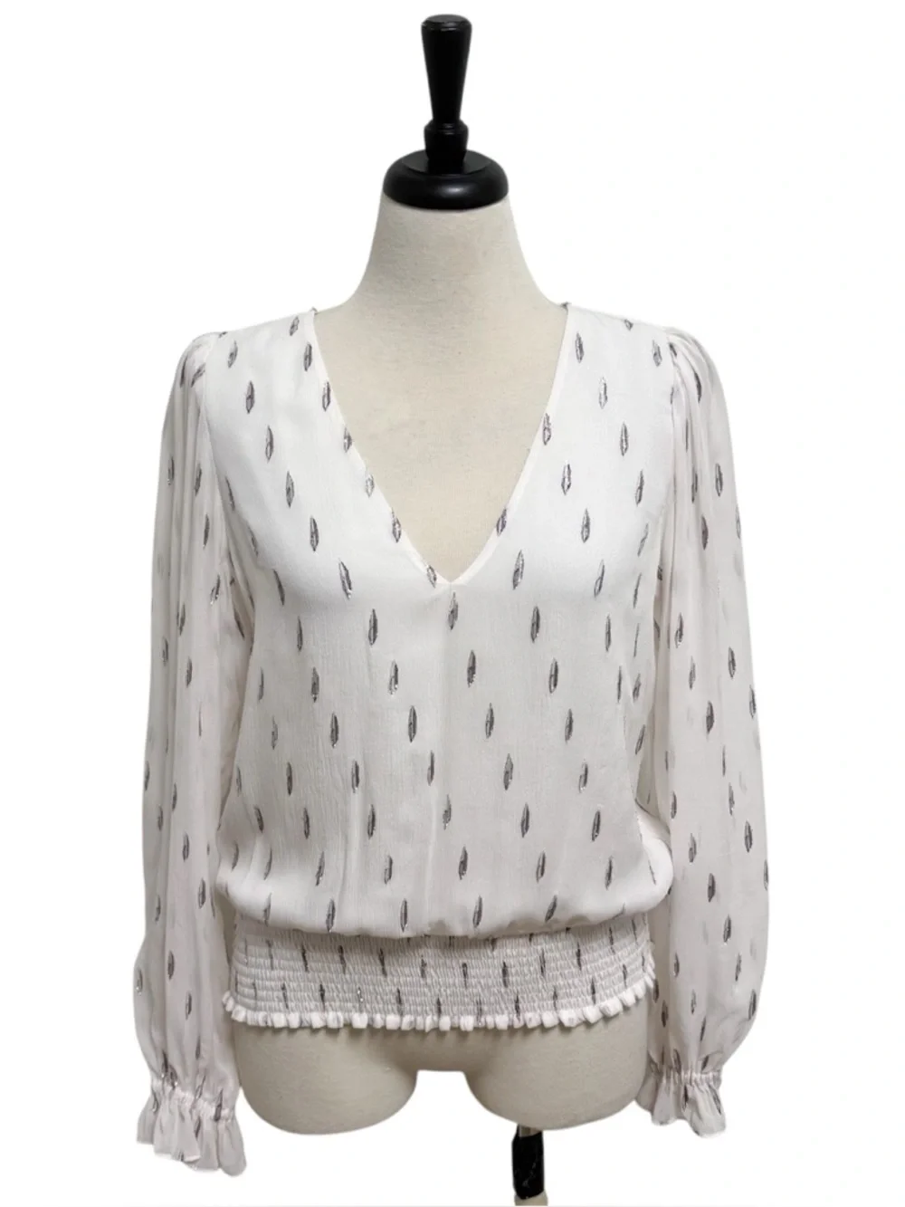 Ramy Brook Off White Purple Metallic V Neck Sheer Puff Long Sleeve Silk Blouse L